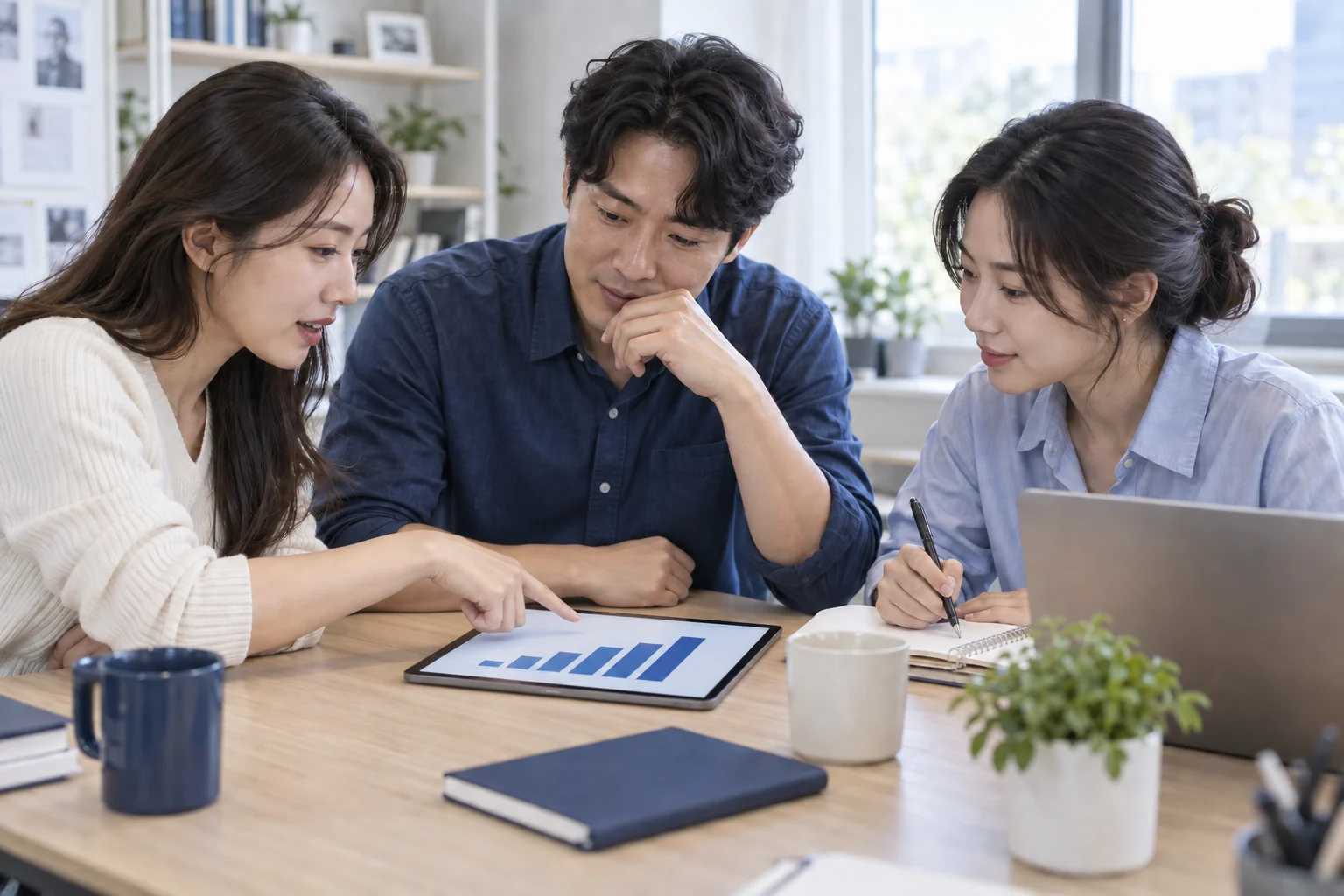 세 사람이 차트를 함께 보며 실습하는 AI 제작 수업 분위기 이미지